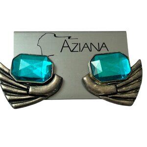 Vintage Art Deco Clip On Earrings Silver Tone Fan Wing Faceted Blue Rhinestone